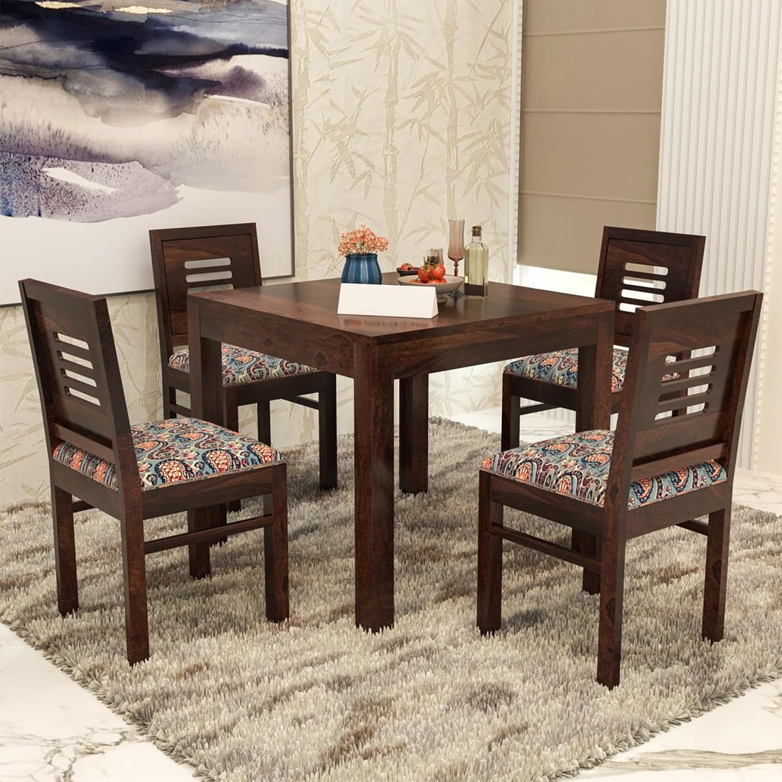 Sheesham Wood Dining Table (34x34 Inch) with 4 Chairs | Wooden Dining Table with Chair | Dining Room Furniture