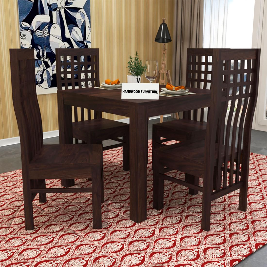 Premium Sheesham Wood Dining Table (34x34) with 4 Chairs | 4 Seater Dining Set | Wooden Dining Table with Chair | Dining Room Furniture