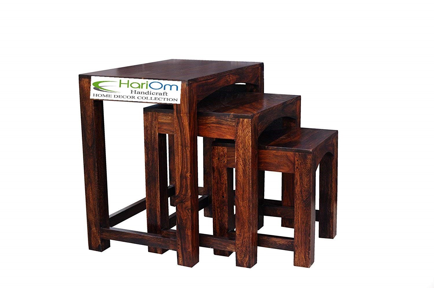Sheesham Wood Nesting Tables for Living Room, Wooden Stools, Set of 3