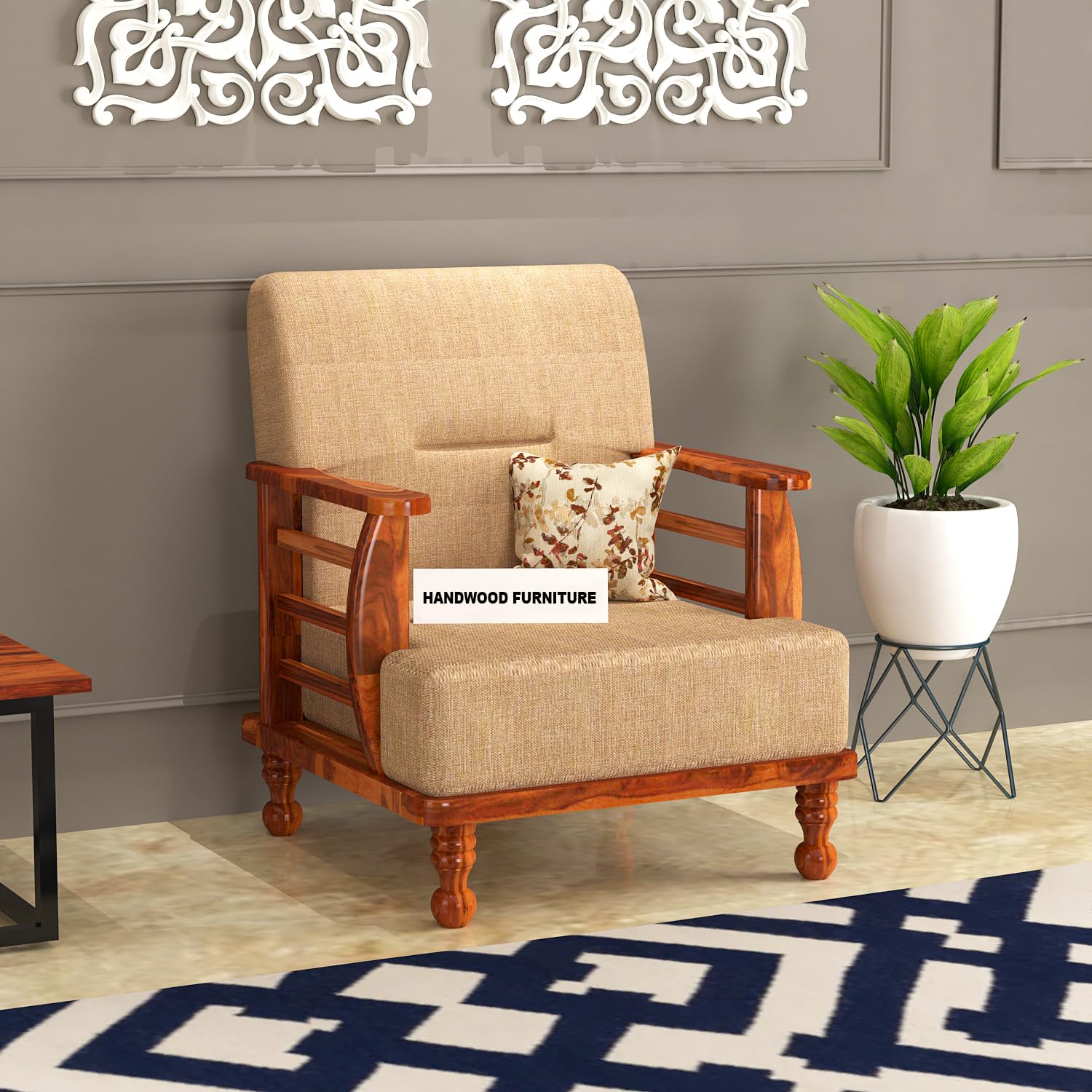 Solid Wood 1 Seater Wooden Sofa Set for Living Room Furniture | Sofa for Home & Office | 1 Seater Sofa
