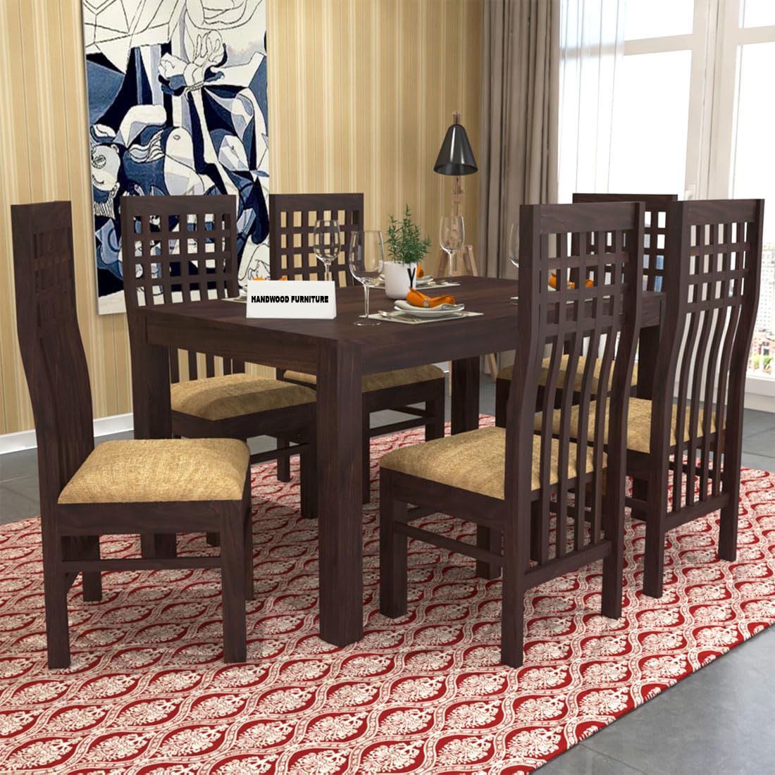 Sheesham Wood Dining Table(57x35) with 6 Chairs | 6 Seater Dining Set | Wooden Dining Table with Chair - Dining Room Furniture