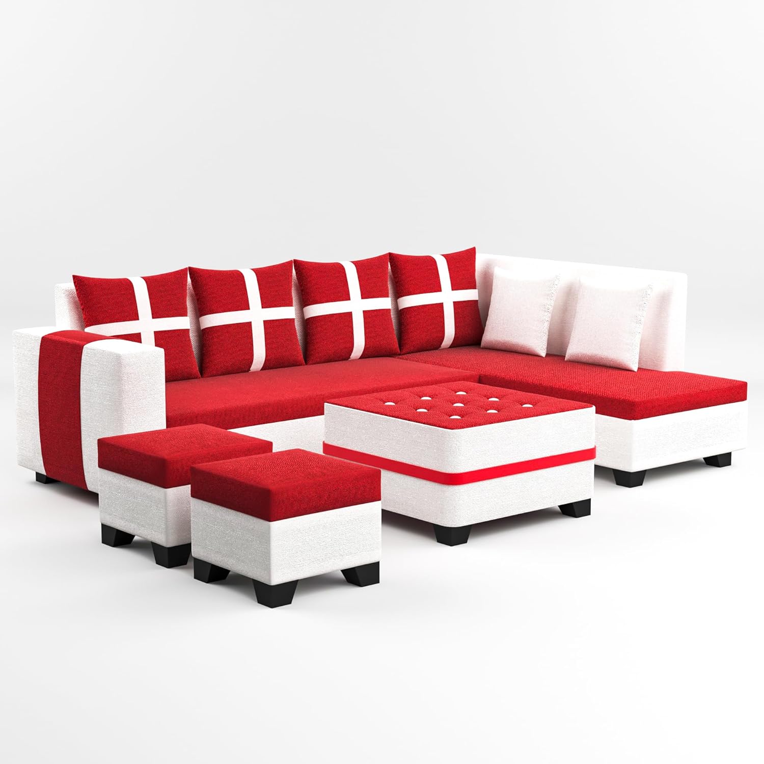 8 Seater Sofa Set, L Shape Sofa (Right Facing) 2 Ottoman, 6 Small Pillow with Coffee Table | Sofa for Home & Office Furniture