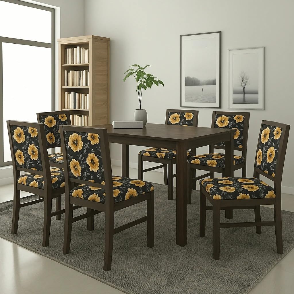 heesham Wood Dining Table (57x35) with 6 Chairs | 6 Seater Dining Set | Wooden Dining Table with Chair