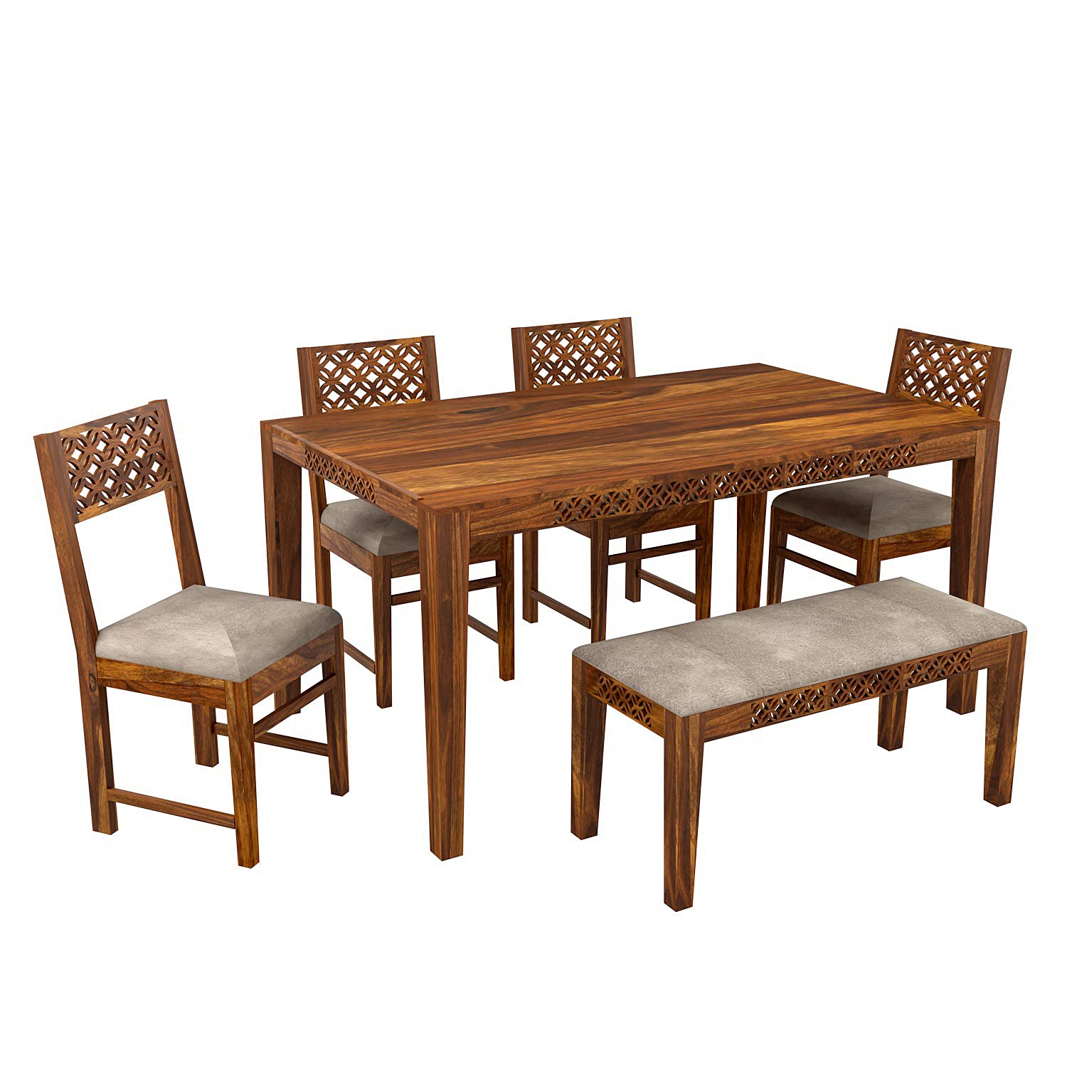 Sheesham Wood CNC Cuting Dining Table with 4 Chairs with 1 Bench|6 Seater Dining Set- Dining Room Furniture