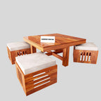 Premium Sheesham Wood Coffee Table for Living Room | Wooden Coffee Table with 4 Stool