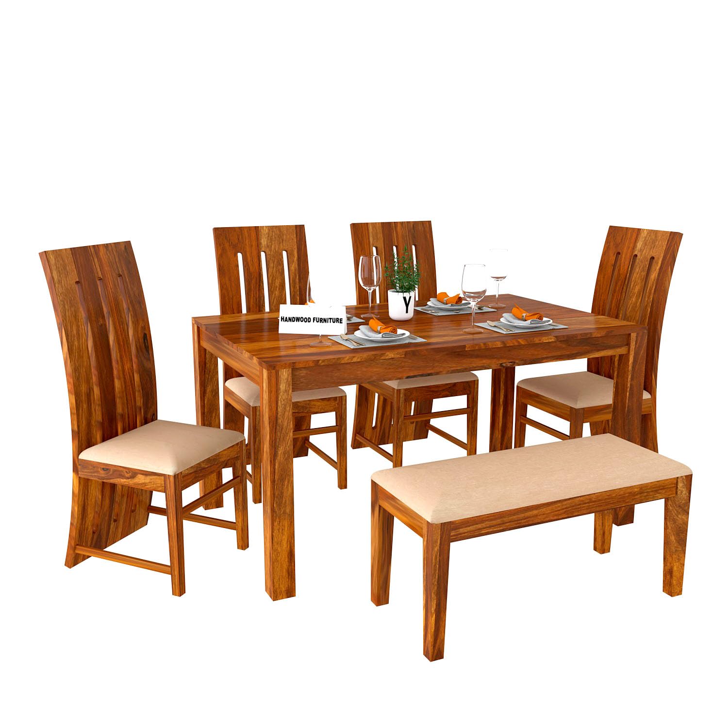 Sheesham Wood Dining Table (57x35) with 4 Chairs & 1 Bench |6 Seater Dining Set | Wooden Dining Table with Chair - Dining Room Furniture