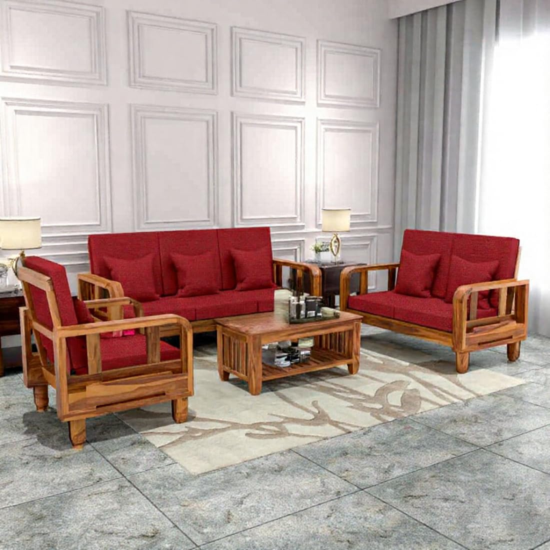 Solid Wood 6 Seater Wooden Sofa Set for Living Room Furniture 6 Seater 3+2+1 Fabric Sofa Set with Center Table