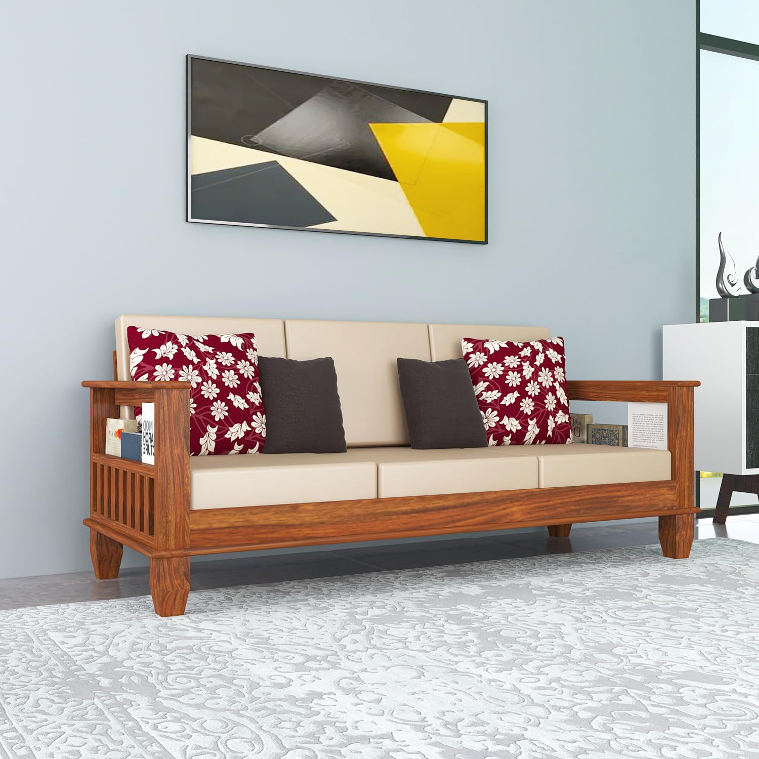 Solid Wood 3 Seater Wooden Sofa Set for Living Room Furniture | Sofa for Home & Office | 3 Seater Sofa