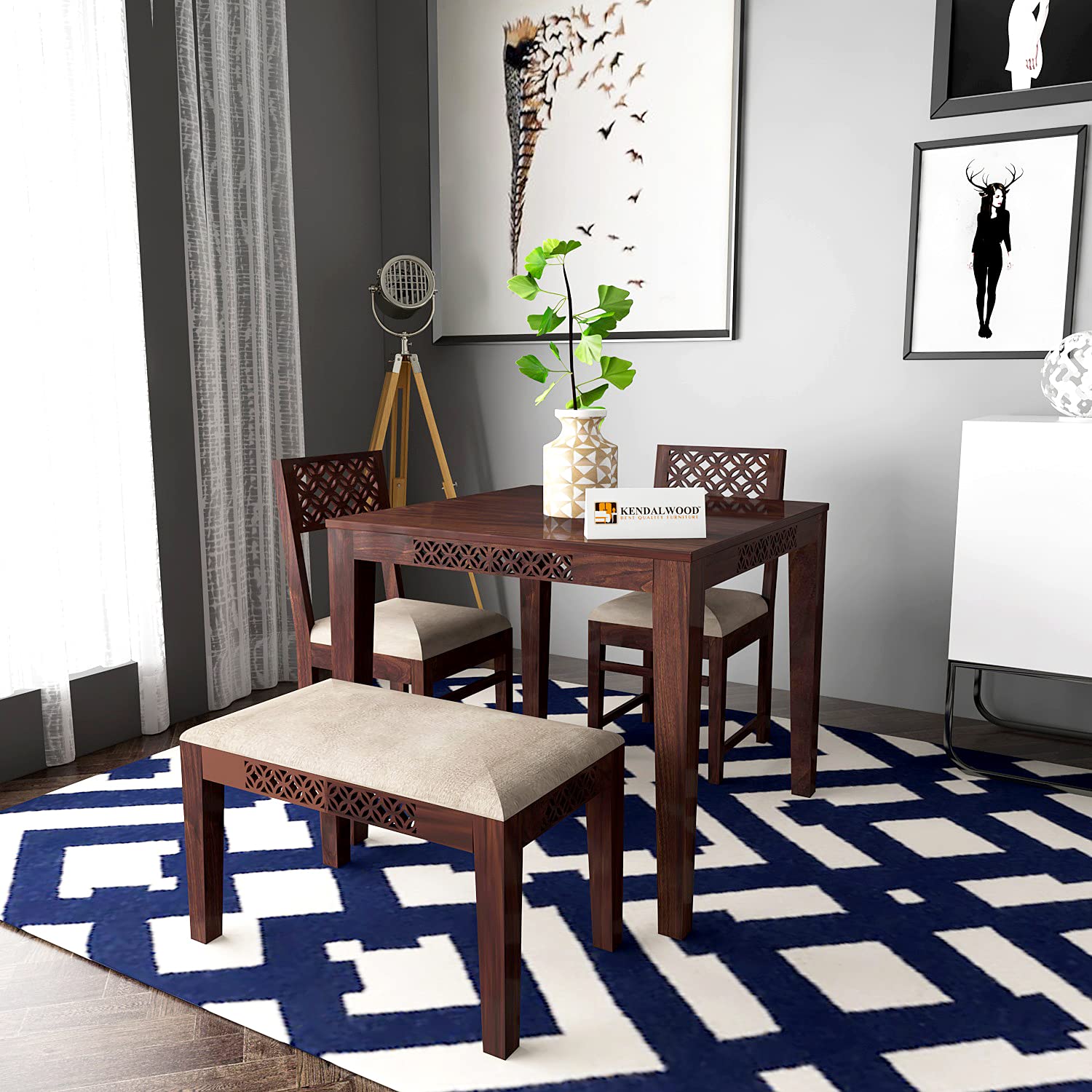 Sheesham Wood CNC Cuting Dining Table with 2 Chairs with 1 Bench | 3 Seater Dining Set Dining Room Furniture