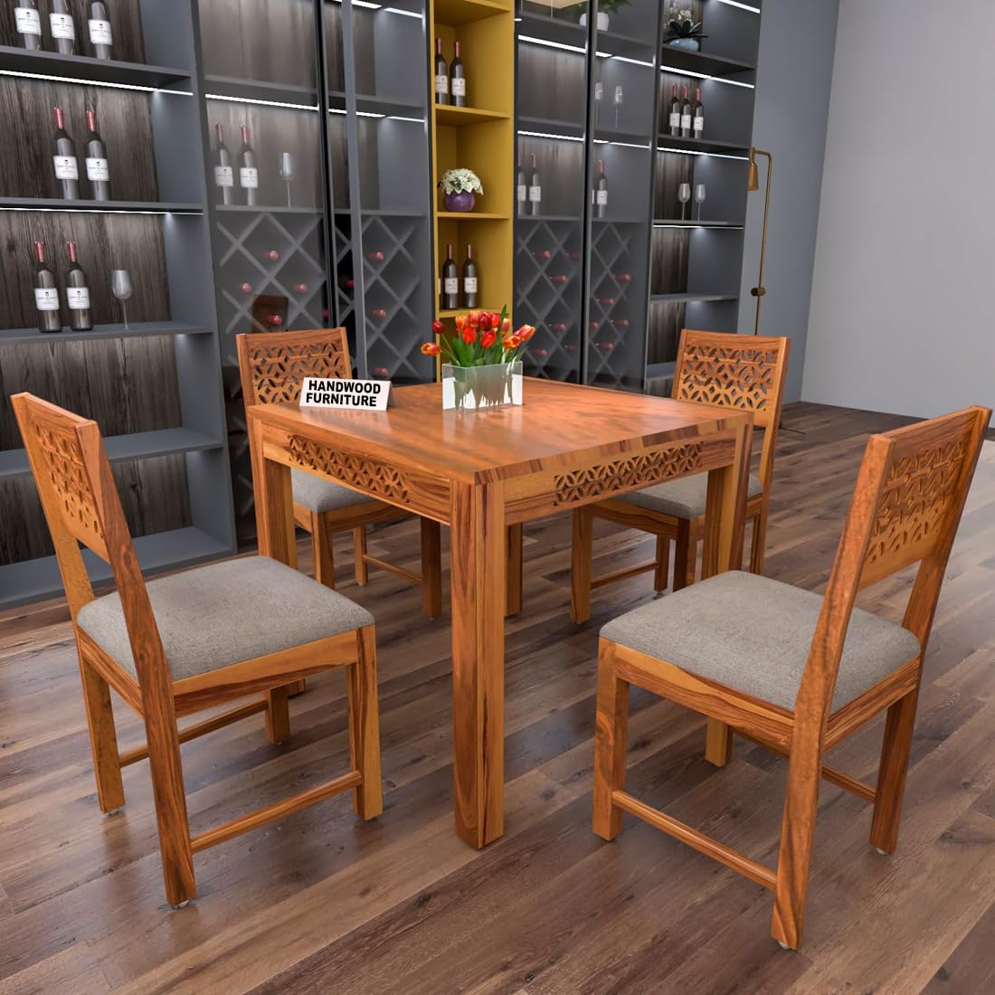 Premium Sheesham Wood Dining Table (34x34) with 4 Chairs |4 Seater Dining Set | Wooden Dining Table with Chair | Dining Room Furniture