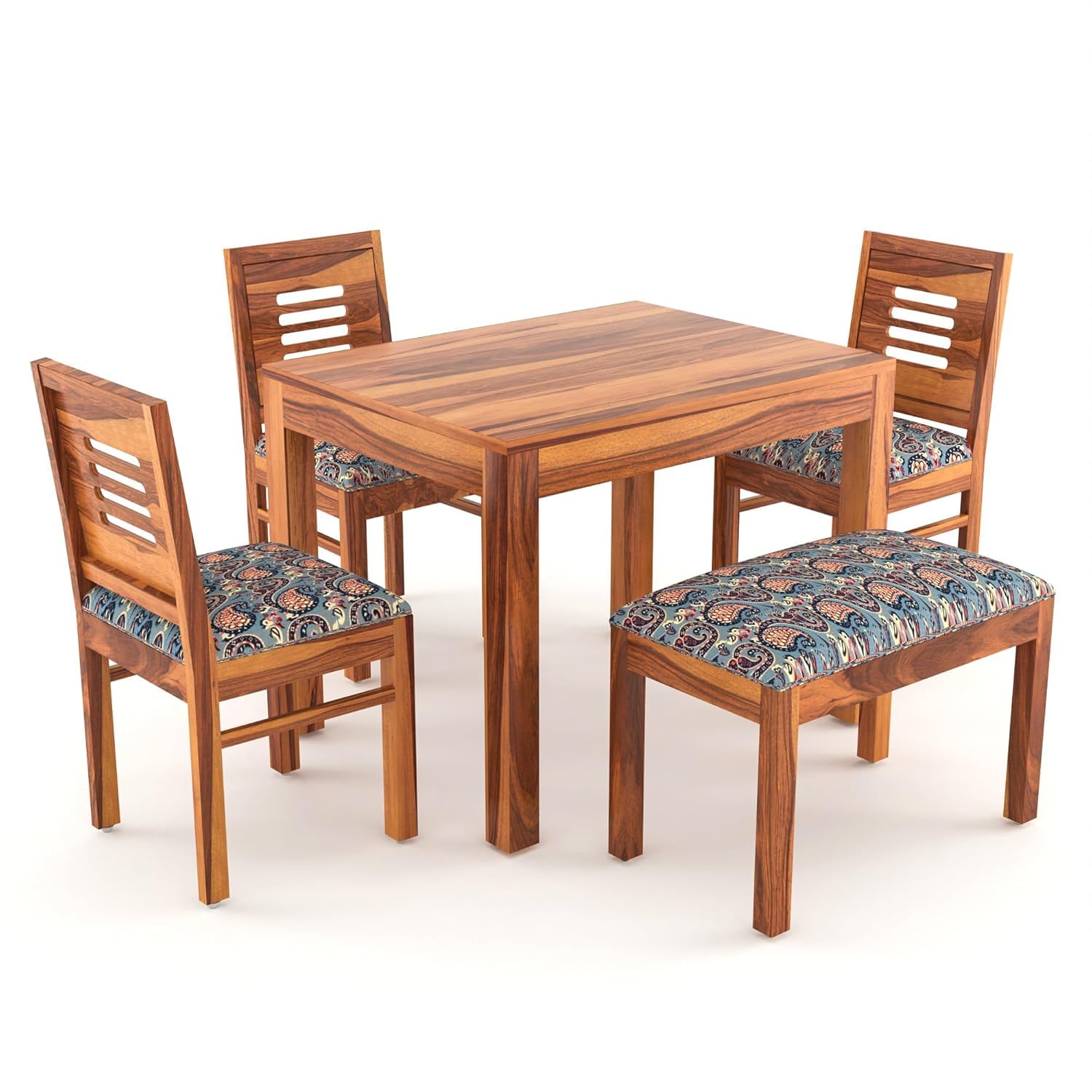 Sheesham Wood Dining Table with 3 Chairs 1 Bench | 4 Seater Dining Set | Wooden Dining Table