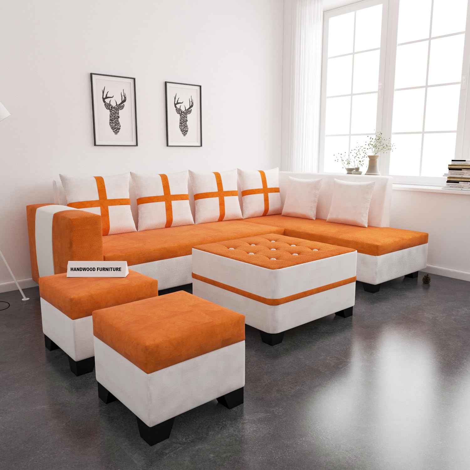 8 Seater Sofa Set, L Shape Sofa (Right Facing) 2 Ottoman, 6 Small Pillow with Coffee Table for Living Room Furniture | Sofa for Home & Office Furniture