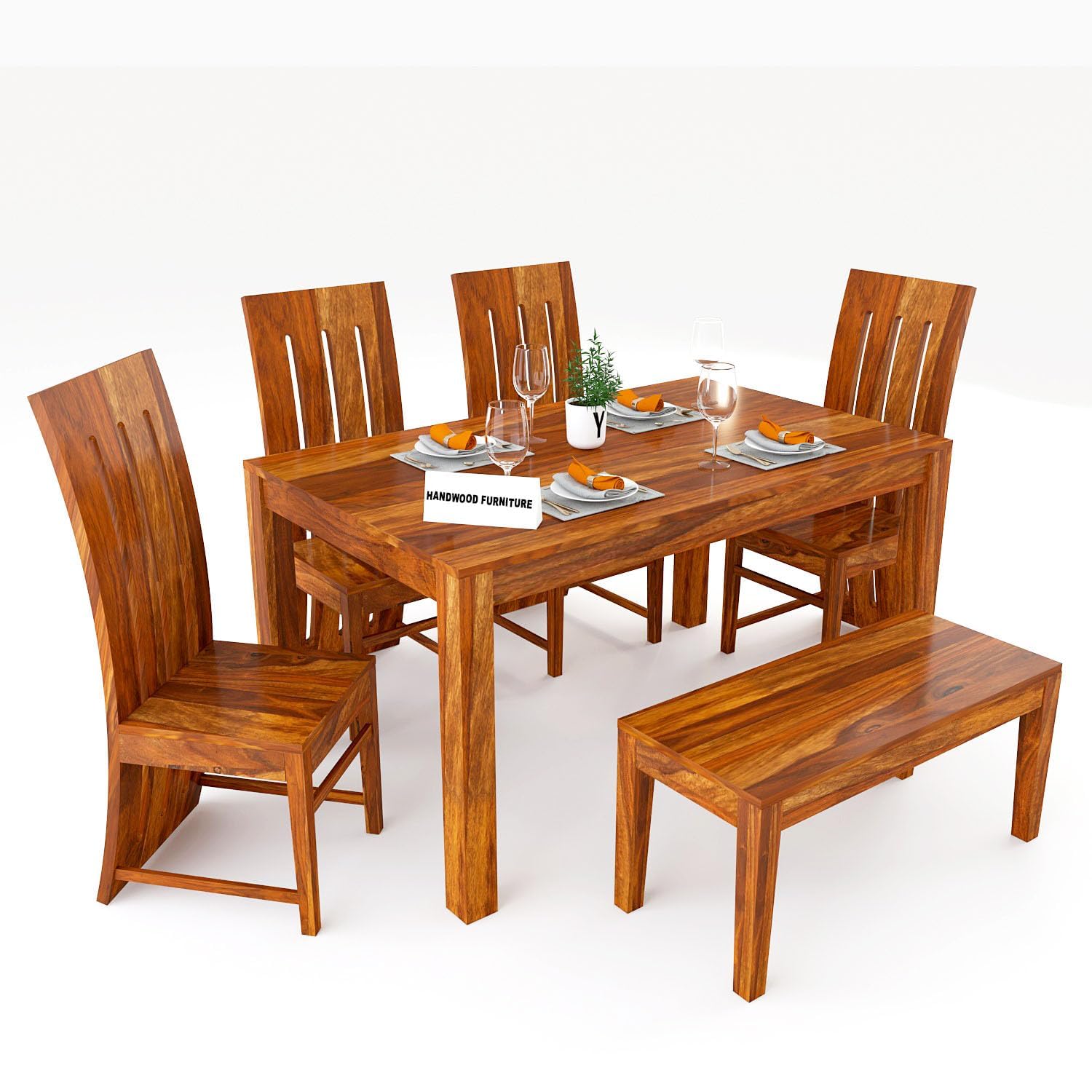 Sheesham Wood Dining Table(57x35) with 4 Chairs & 1 Bench |6 Seater Dining Set | Wooden Dining Table with Chair | Dining Room Furniture