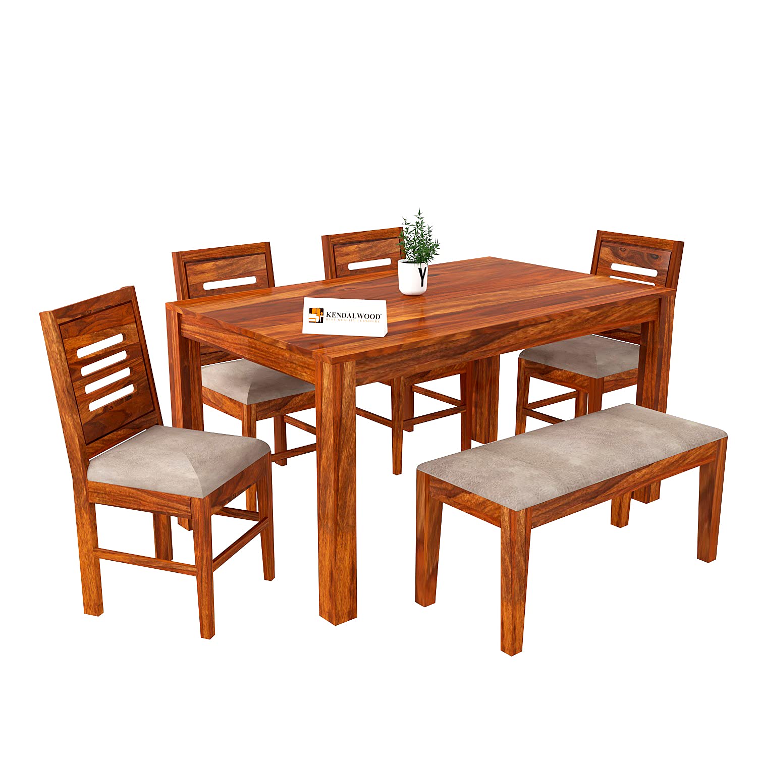 Sheesham Wood Dining Table (57x35 Inch) with 4 Chairs, 1 Bench |6 Seater Dining Set