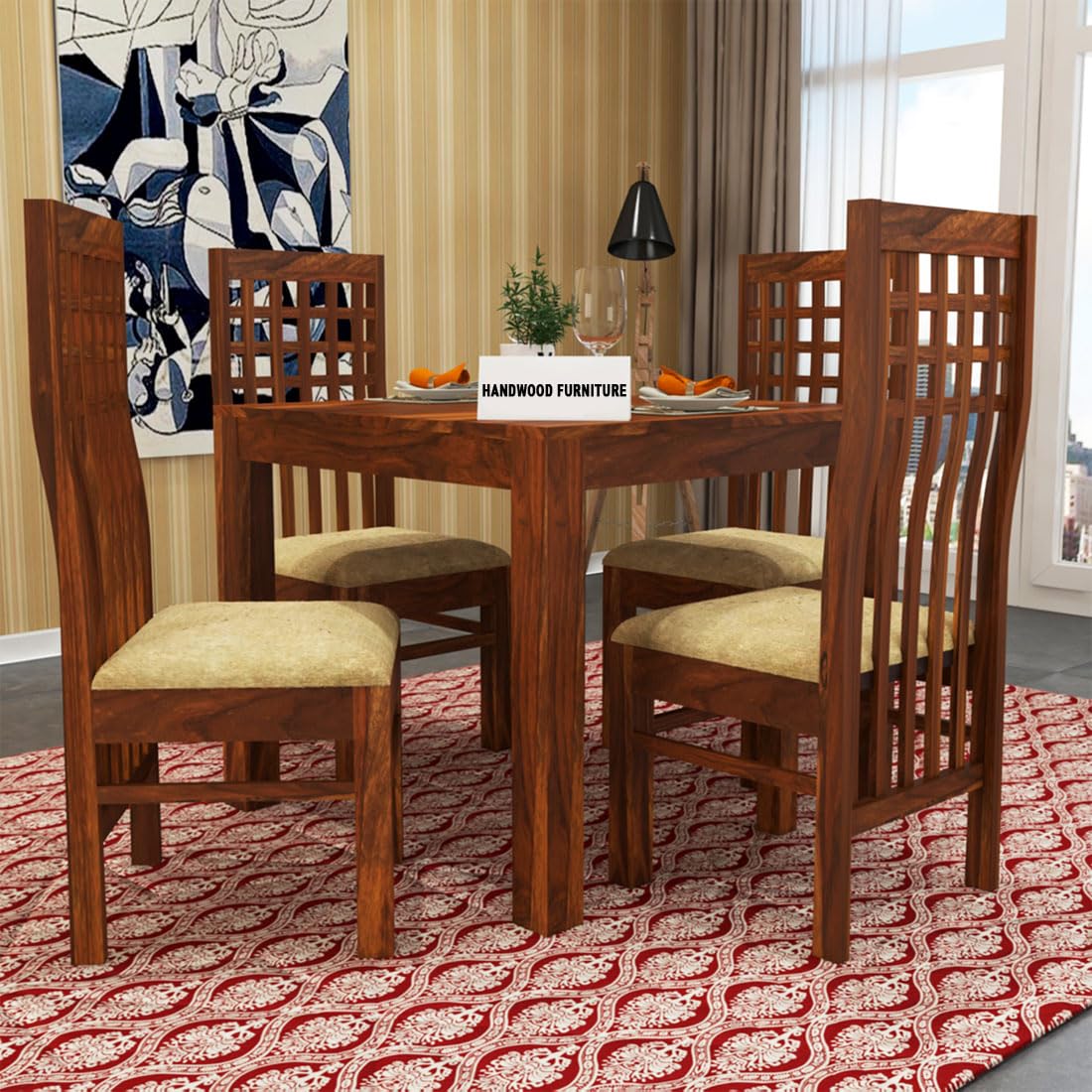 Premium Sheesham Wood Dining Table (34x34) with 4 Chairs | 4 Seater Dining Set | Wooden Dining Table with Chair | Dining Room Furniture