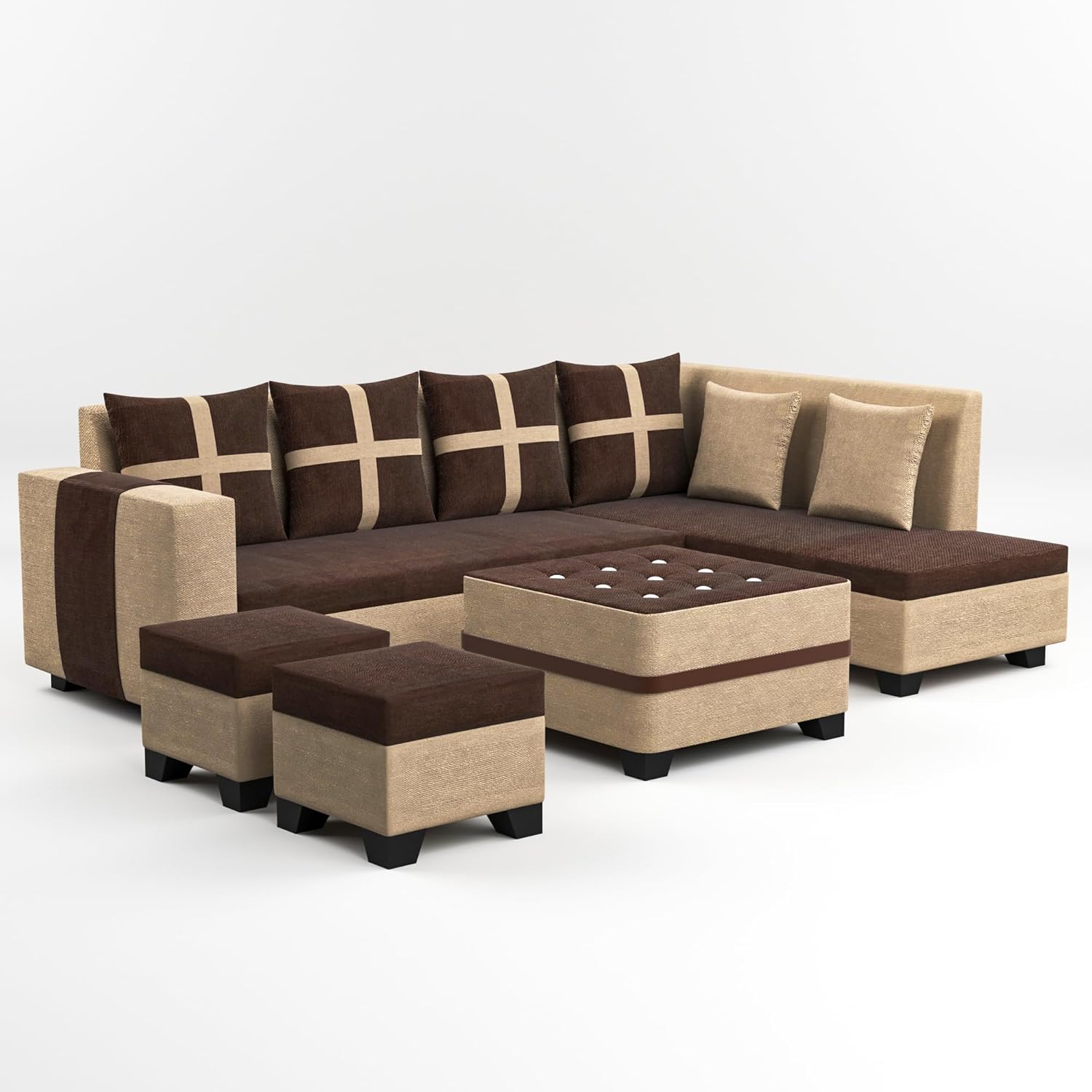 8 Seater Sofa Set, L Shape Sofa (Right Facing) 2 Ottoman, 6 Small Pillow with Coffee Table | Sofa for Home & Office Furniture