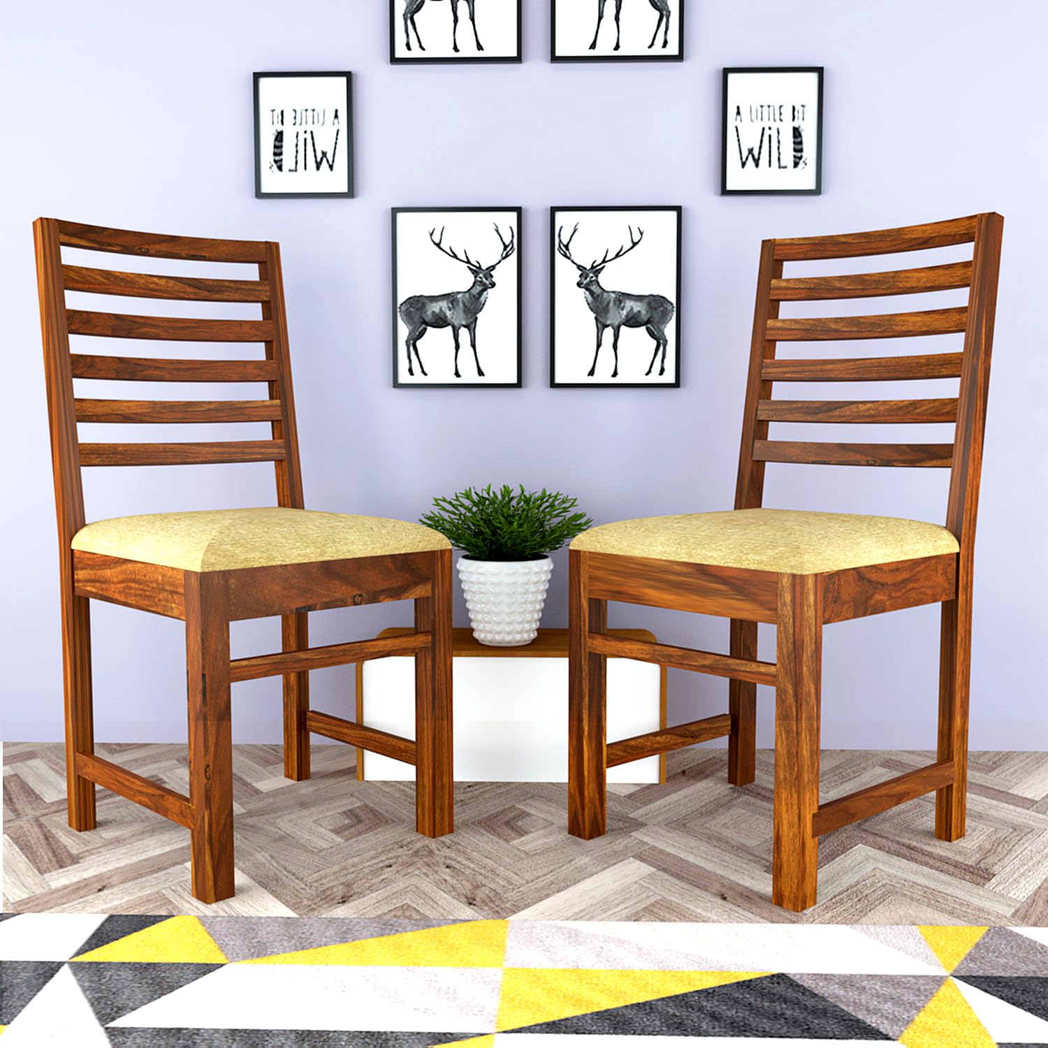 Modern Home Furniture | Solid Wood Dining Chair Set of 2 | Multipurpose Chair for Home & Office | Honey Finish with Cream Cushions