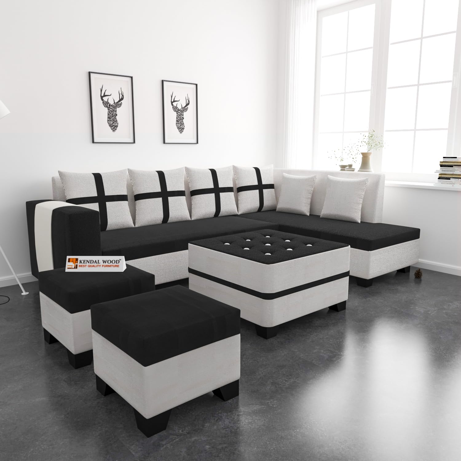 8 Seater Sofa Set, L Shape Sofa (Right Facingyp) 2 Ottoman, 6 Small Pillow with Coffee Table for Living Room Furniture