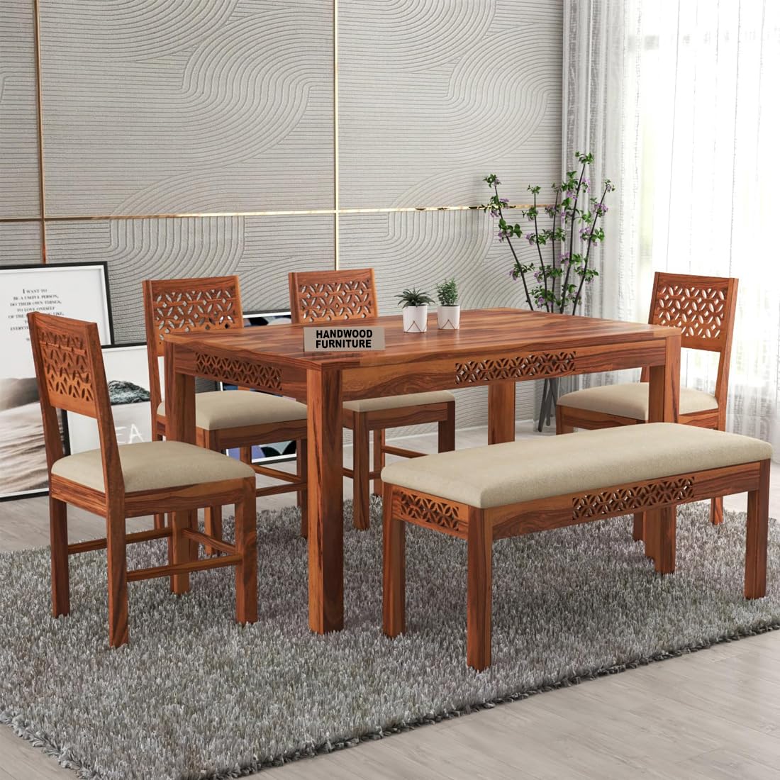 Sheesham Wood Dining Table(57x35) with 4 Chairs & 1 Bench | 6 Seater Dining Set | Wooden Dining Table with Chair - Dining Room Furniture