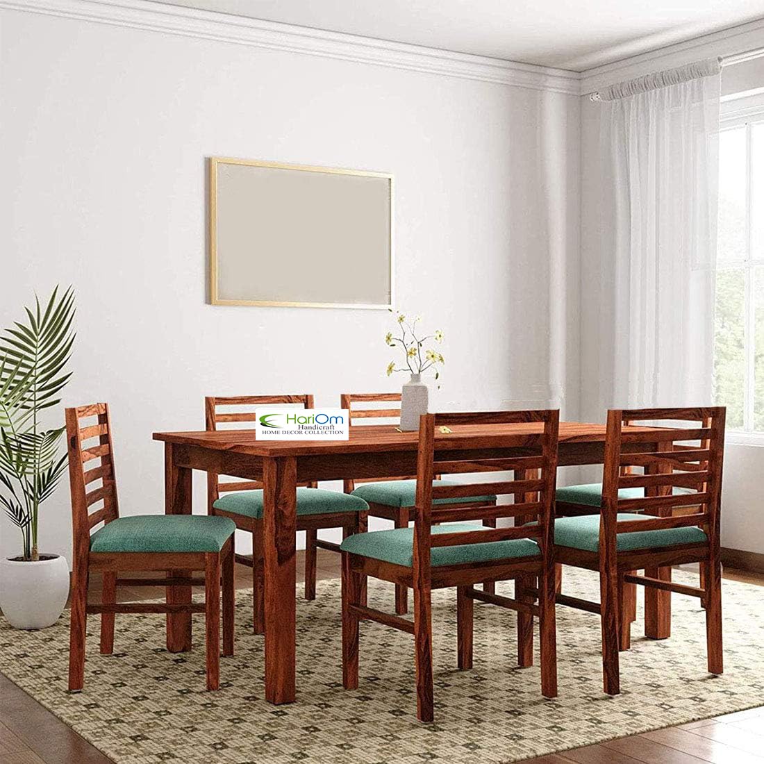 Sheesham Wood Teak Finish Dining Table Set with 6 Chairs and Cushion
