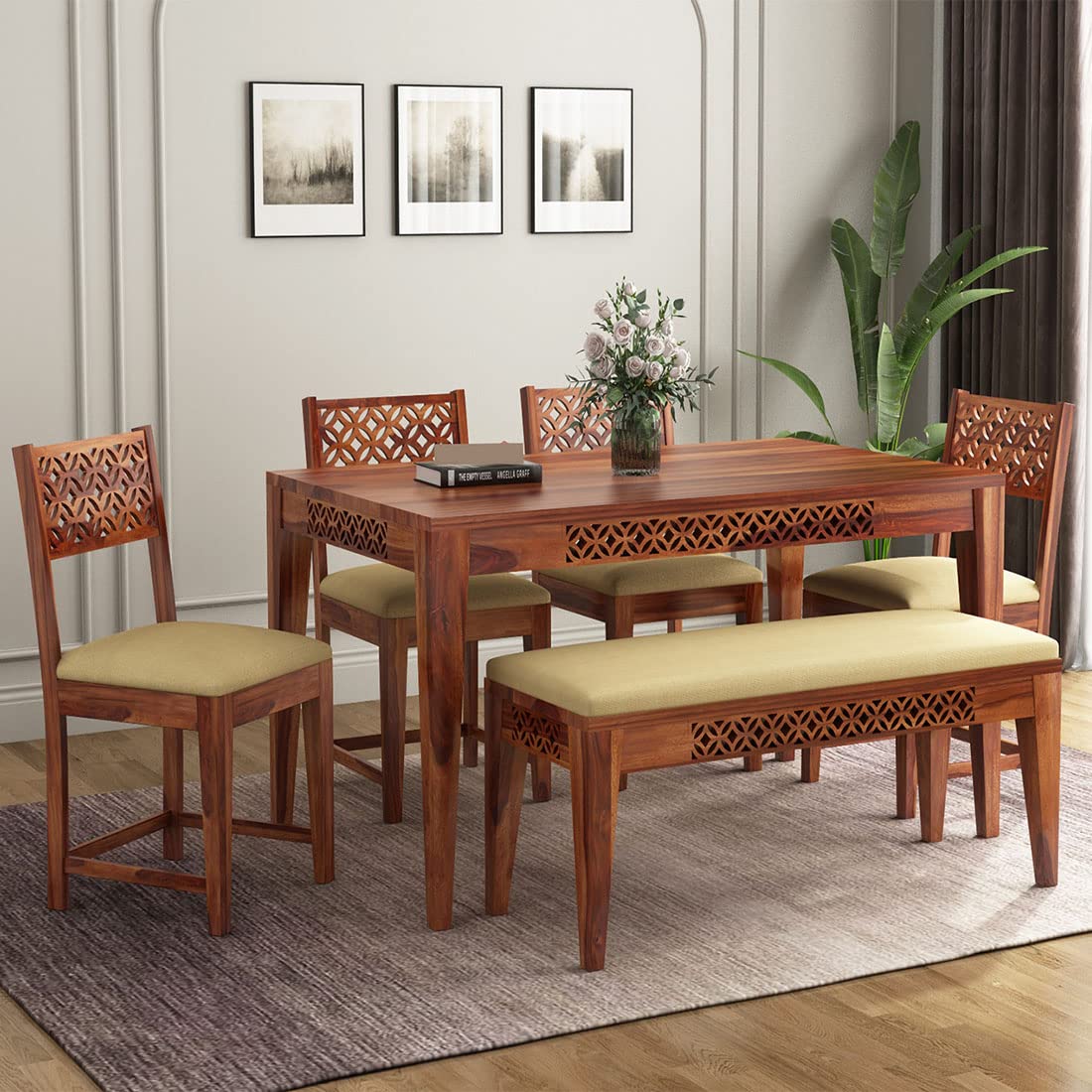 Sheesham Wood CNC Cuting Dining Table with 4 Chairs with 1 Bench|6 Seater Dining Set- Dining Room Furniture