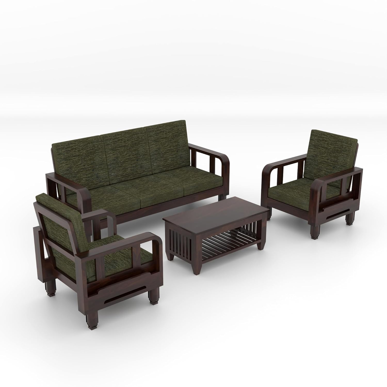 Solid Wood 5 Seater Wooden Sofa Set for Living Room Furniture 5 Seater 3+1+1 Fabric Sofa Set with Center Table