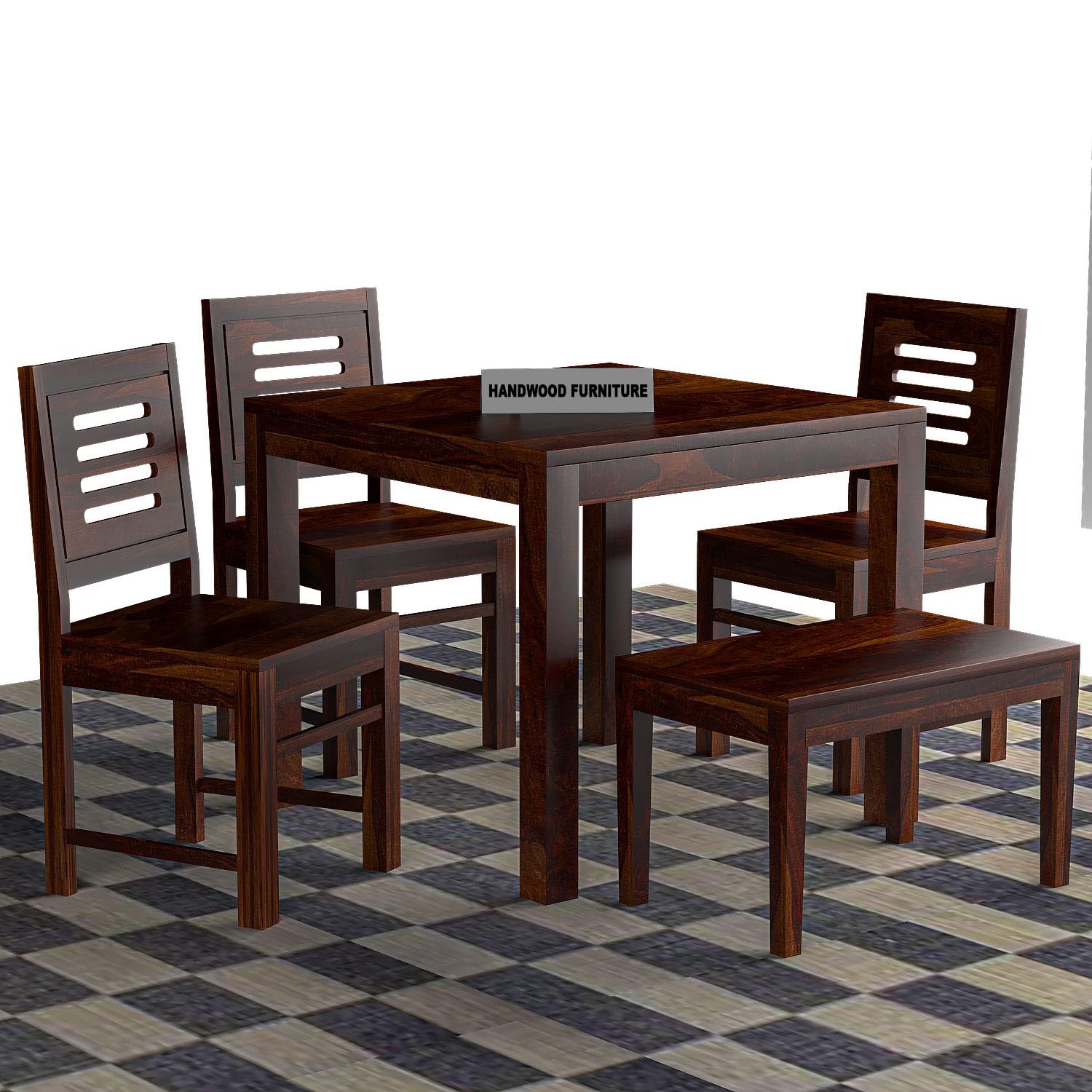 Sheesham Wood Dining Table(34x34) with 3 Chairs & 1 Bench | 4 Seater Dining Set | Wooden Dining Table with Chair - Dining Room Furniture