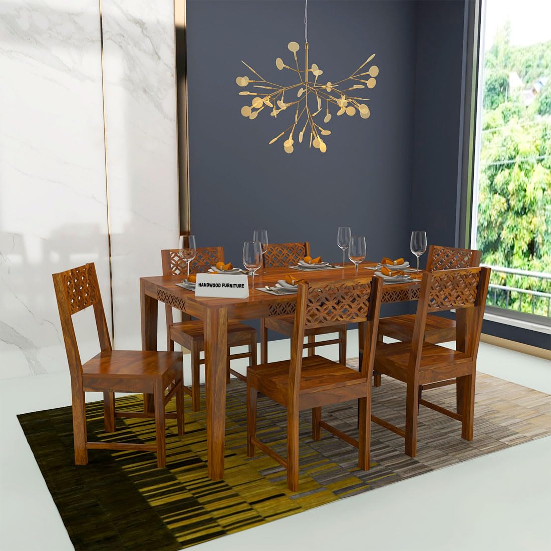 Sheesham Wood Dining Table(57x35) with 6 Chairs | 6 Seater Dining Set | Wooden Dining Table with Chair - Dining Room Furniture