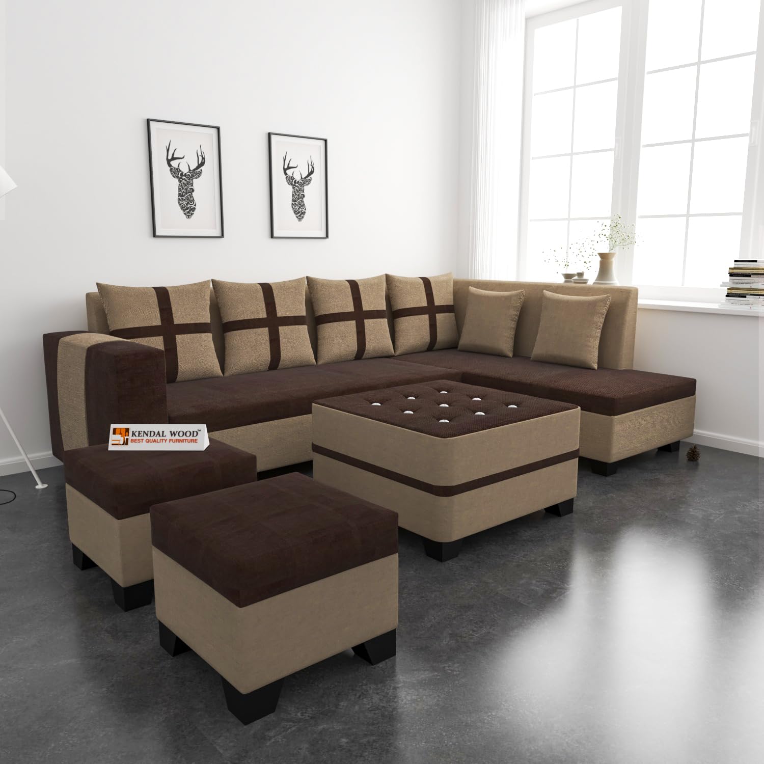 8 Seater Sofa Set, L Shape Sofa (Right Facing) 2 Ottoman, 6 Small Pillow with Coffee Table | Sofa for Home & Office Furniture