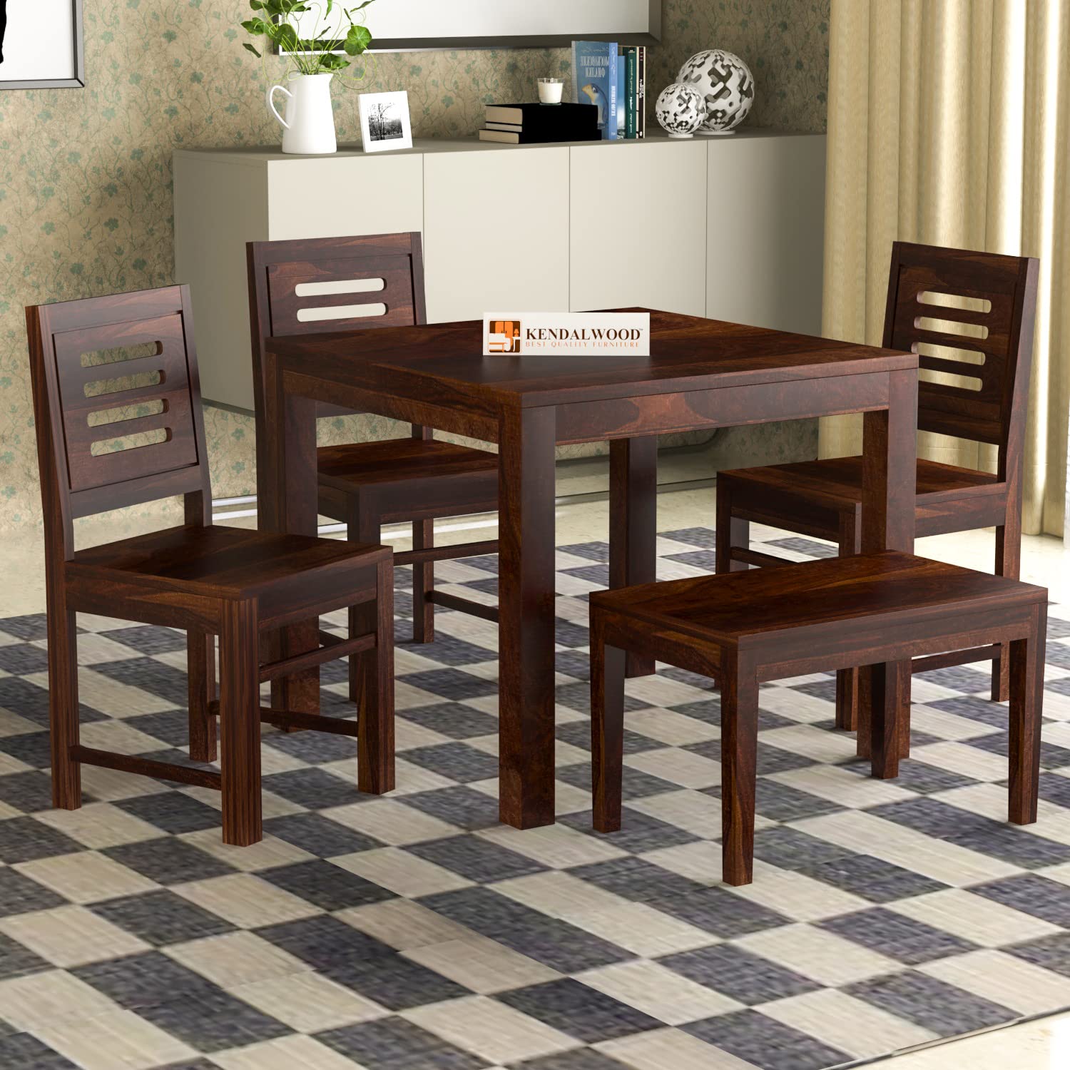 Sheesham Wood Dining Table with 3 Chairs 1 Bench | 4 Seater Dining Set | Wooden Dining Table with Chair | Dining Room Furniture