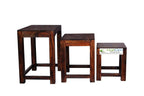 Sheesham Wood Nesting Tables for Living Room, Wooden Stools, Set of 3