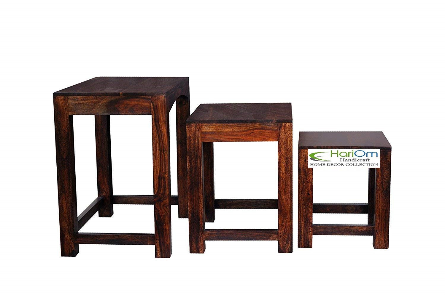 Sheesham Wood Nesting Tables for Living Room, Wooden Stools, Set of 3