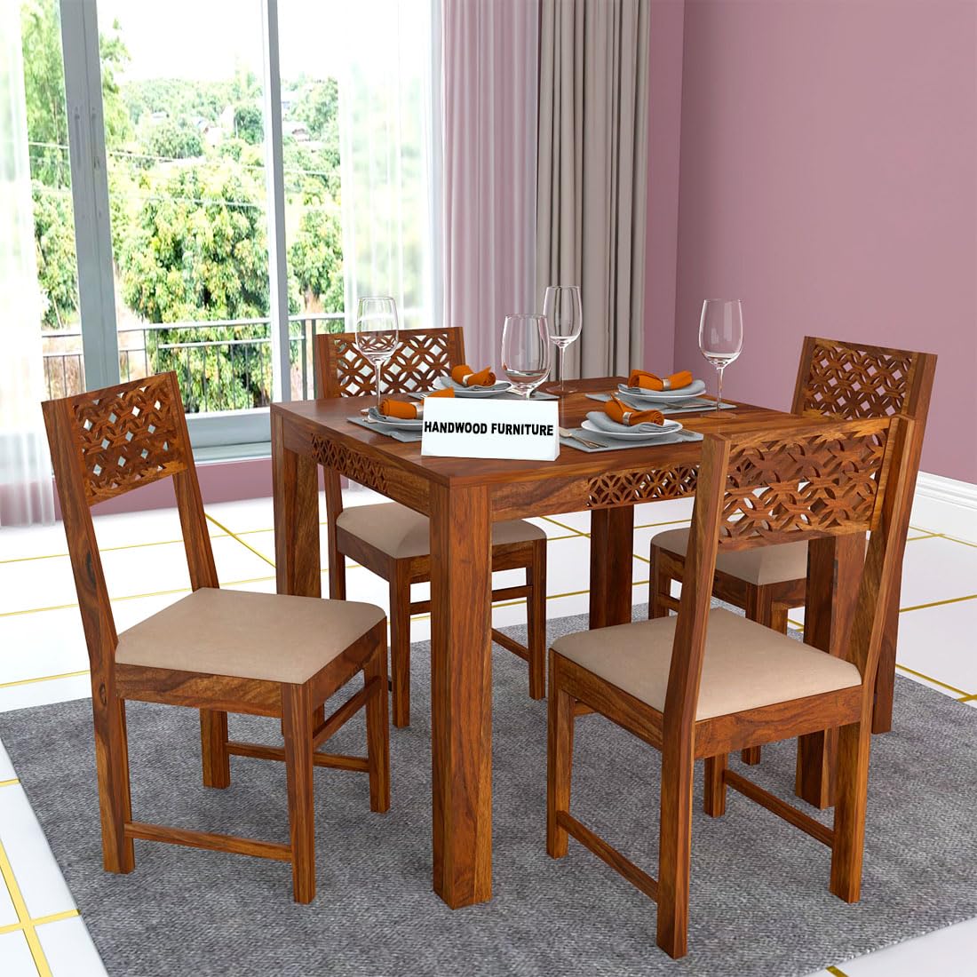 Premium Sheesham Wood Dining Table (34x34) with 4 Chairs |4 Seater Dining Set | Wooden Dining Table with Chair | Dining Room Furniture