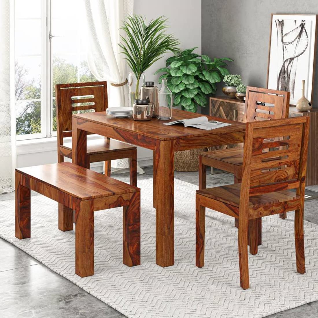 Sheesham Wood Dining Table Set with 3 Chairs +1 Bench | Dining Room Furniture