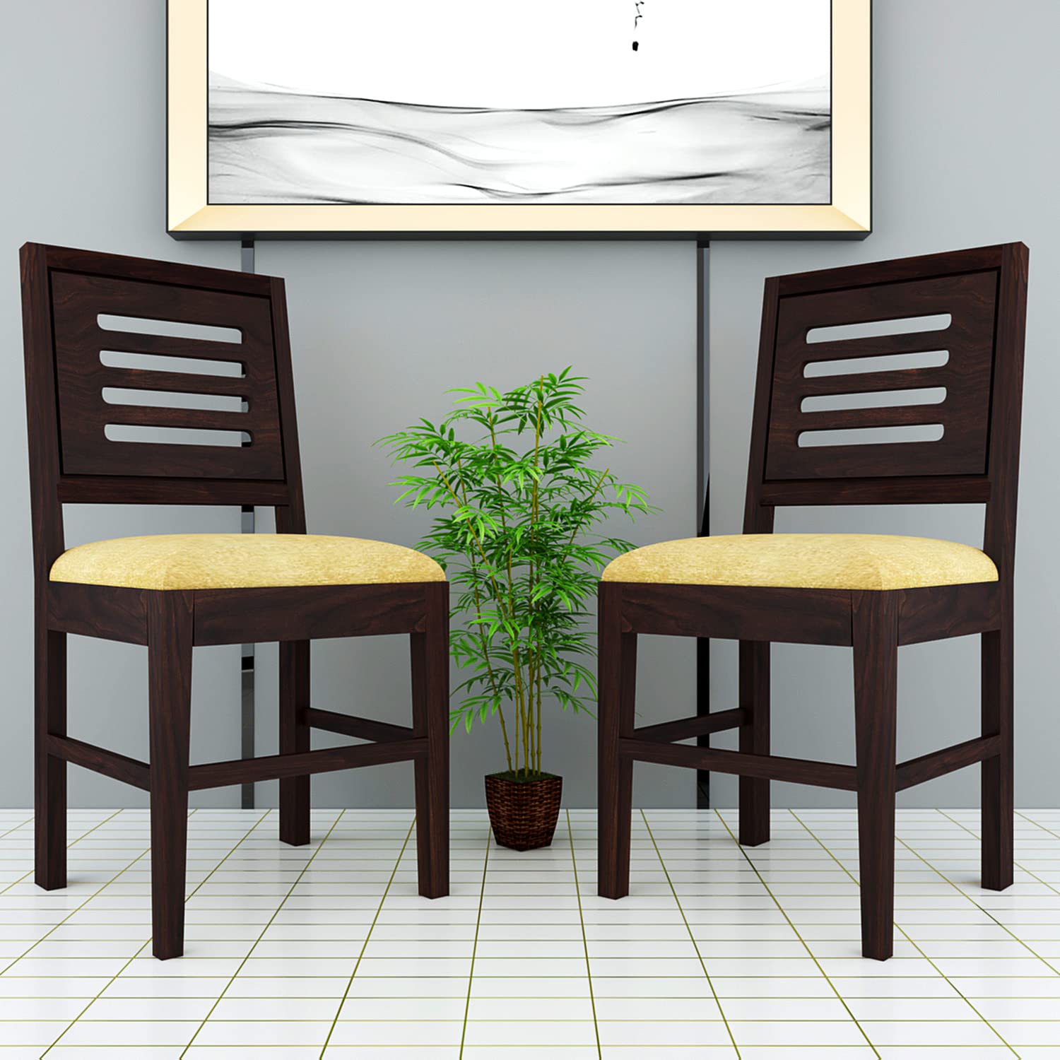 Modern Home Furniture | Solid Wood Dining Chair Set of 2 | Chair for Home & Office | Walnut Finish with Cream Cushions, Pre Assembled (Ready to Use)