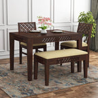 Sheesham Wood Dining Table(34x34) with 2 Chairs 1 Bench | 4 Seater Dining Set | Wooden Dining Table with Chair - Dining Room Furniture