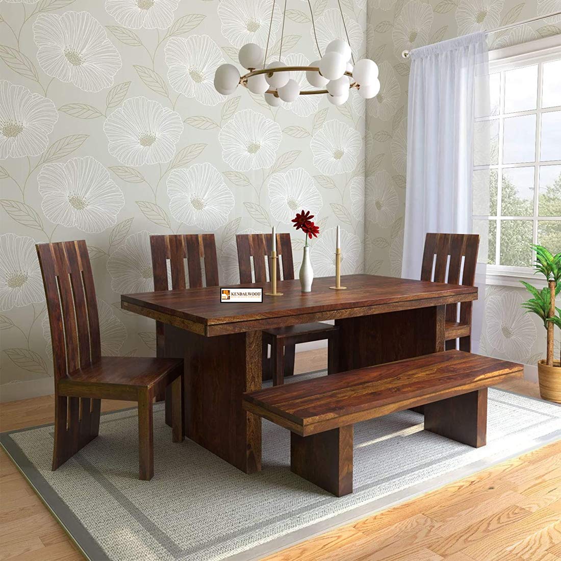 Sheesham Wood Dining Table with 6 Seater with 1 Bench|6 Seater Dining Set- Dining Room Furniture