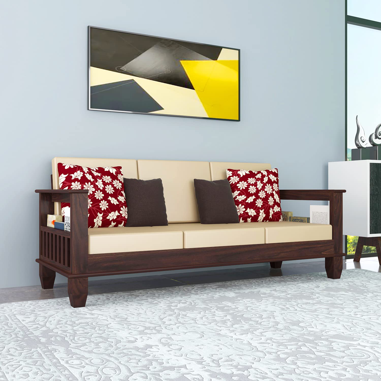 Solid Wood 3 Seater Wooden Sofa Set for Living Room Furniture | Sofa for Home & Office | 3 Seater Sofa