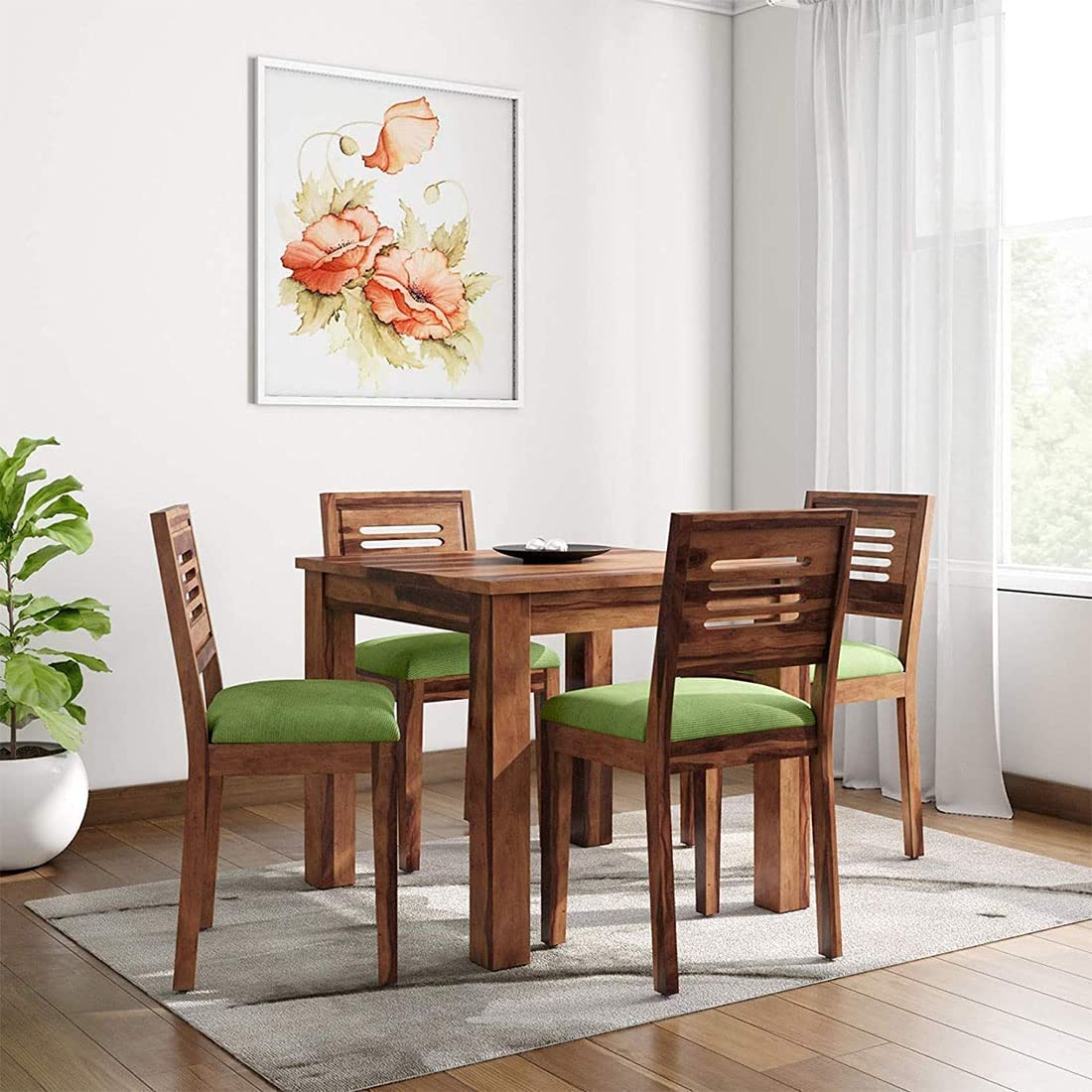 Furniture Sheesham Wood Natural Teak Finish 4 Seater Dining Table Set