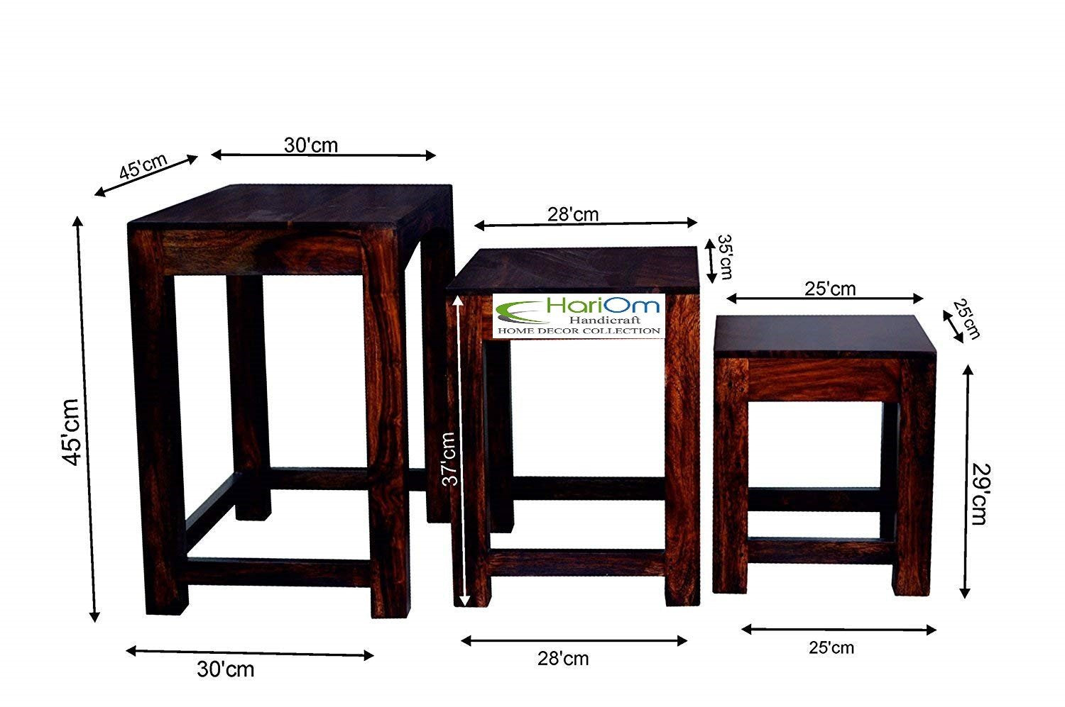 Sheesham Wood Nesting Tables for Living Room, Wooden Stools, Set of 3