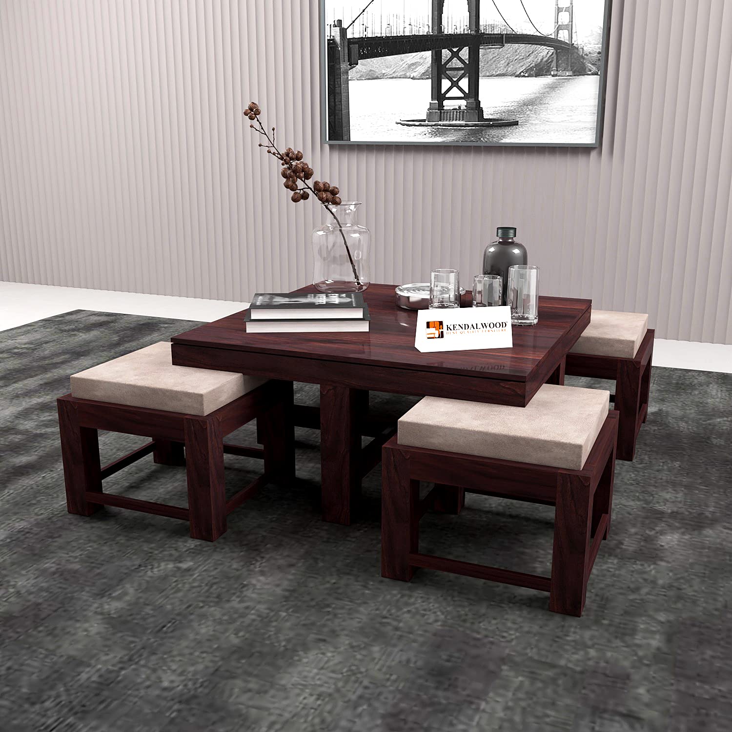 Sheesham Wood Coffee Table | Center Table with 4 Stool