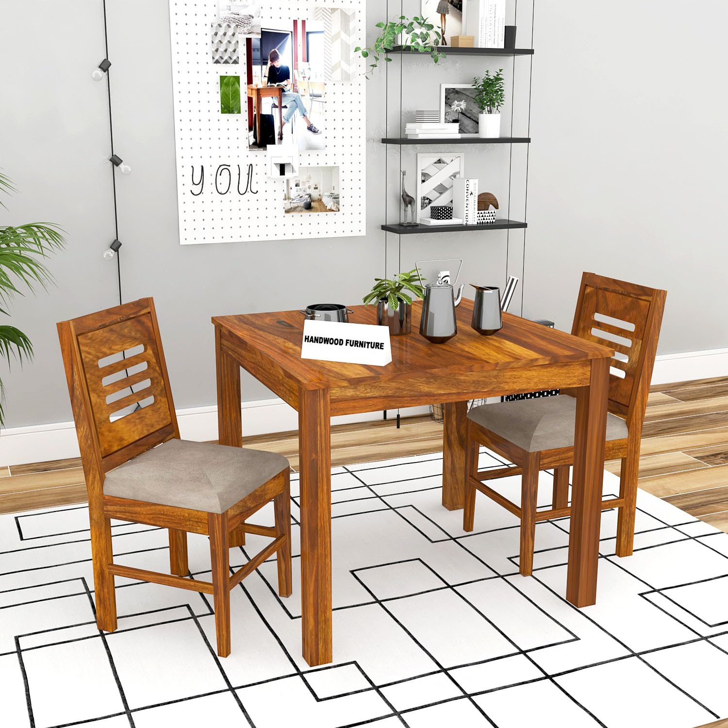 Premium Sheesham Wood Dining Table (34x34) with 2 Chairs | 2 Seater Dining Set | Wooden Dining Table with Chair | Dining Room Furniture