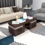 Sheesham Wood Center Coffee Table with 2 Wooden Stools Cream Cushion for Living Room