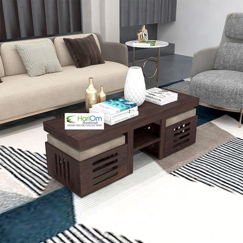 Sheesham Wood Center Coffee Table with 2 Wooden Stools Cream Cushion for Living Room