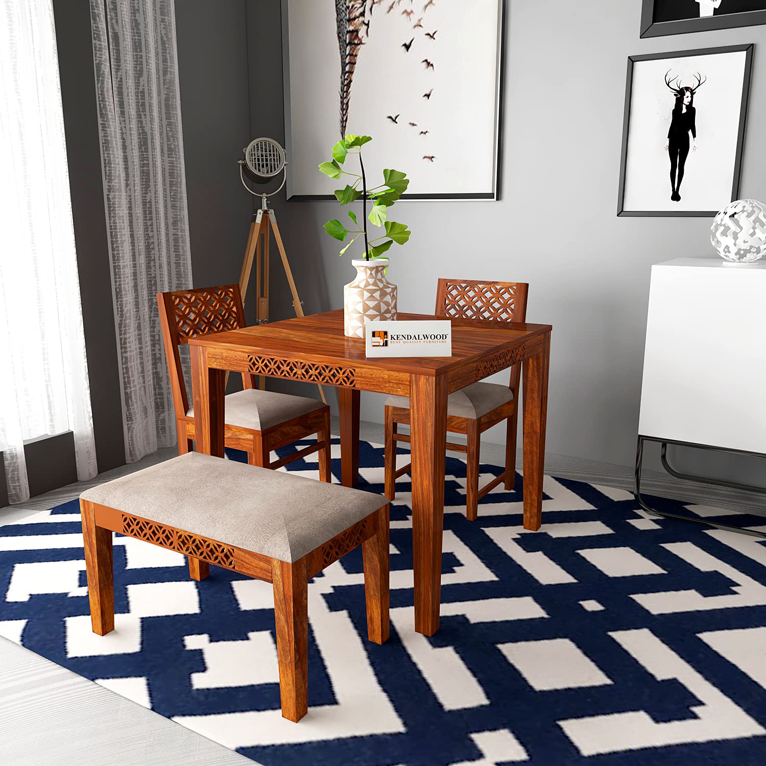 Sheesham Wood CNC Cuting Dining Table with 2 Chairs with 1 Bench | 3 Seater Dining Set Dining Room Furniture