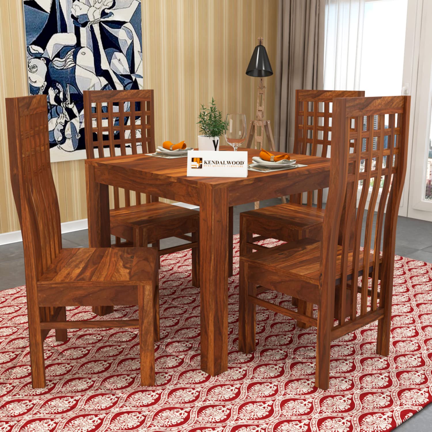 Sheesham Wood Dining Table Square (34x34) with 4 Chairs | 4 Seater Dining Set |Wooden Dining Table with Chair |Dining Room Furniture
