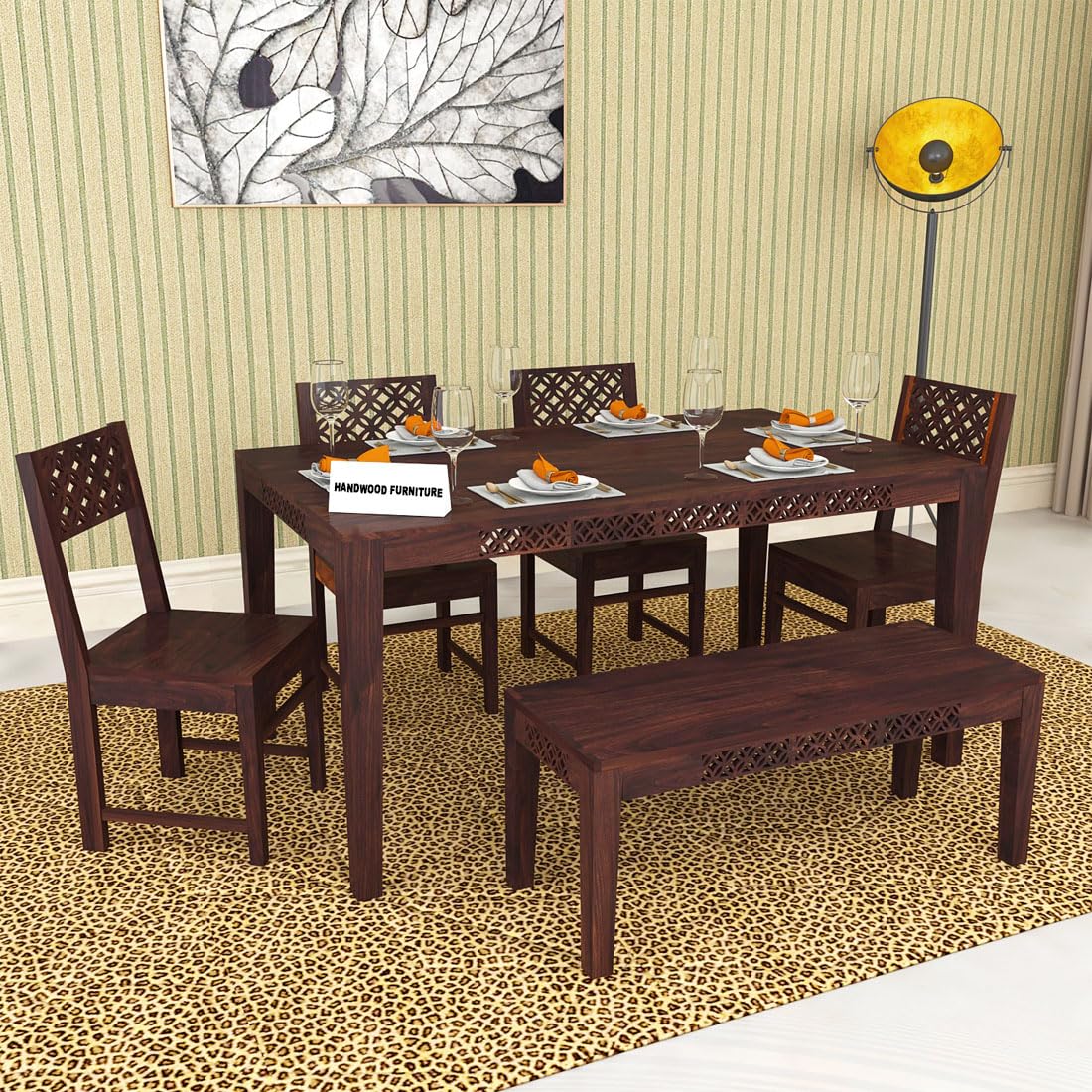 Sheesham Wood Dining Table(57x35) with 4 Chairs & 1 Bench | 6 Seater Dining Set | Wooden Dining Table with Chair - Dining Room Furniture