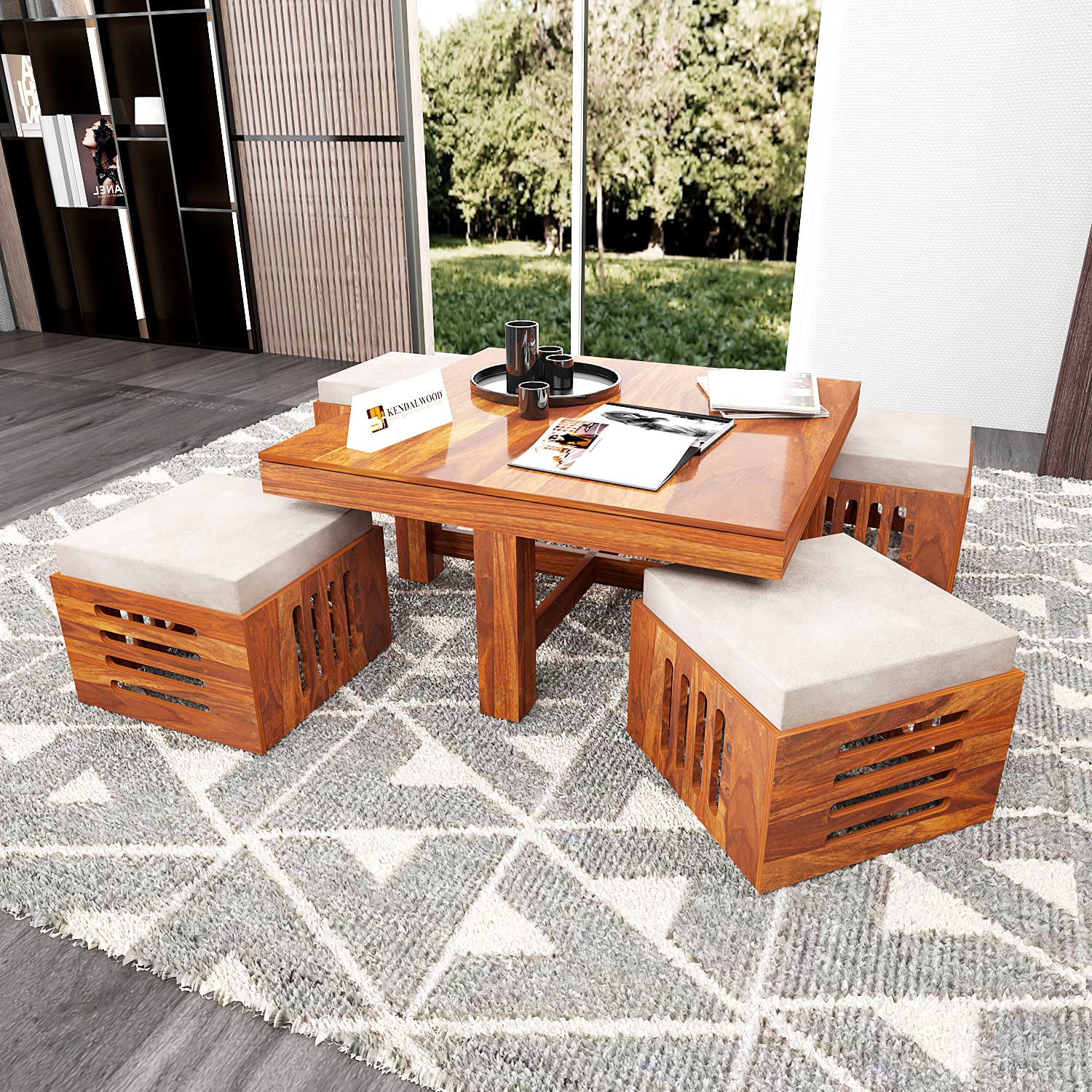 Square Sheesham Wood Coffee Table for Living Room | Coffee Table with 4 stools