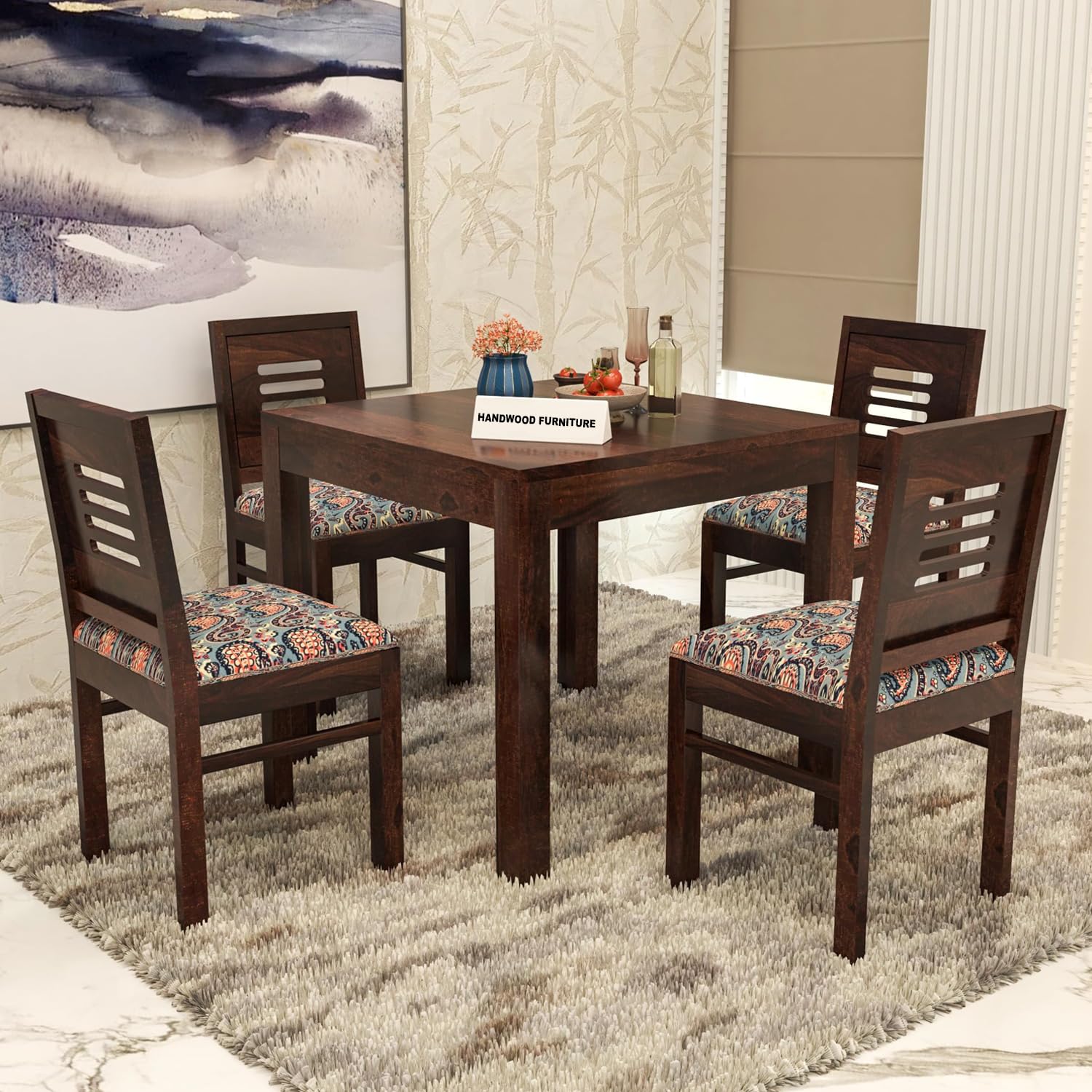 Premium Sheesham Wood Dining Table (34x34) with 4 Chairs | 4 Seater Dining Set | Wooden Dining Table with Chair | Dining Room Furniture