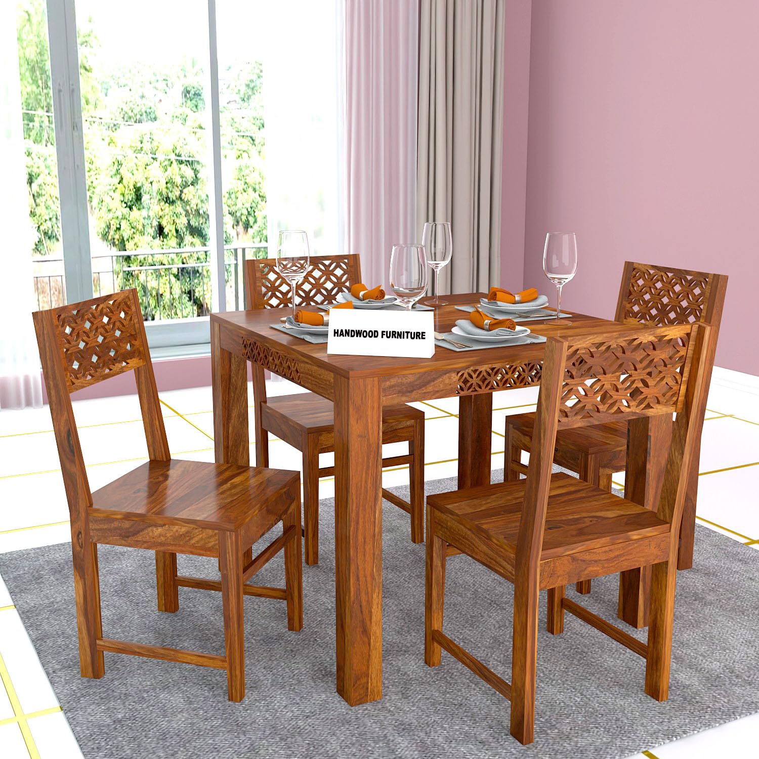 Premium Sheesham Wood Dining Table (34x34) with 4 Chairs |4 Seater Dining Set | Wooden Dining Table with Chair | Dining Room Furniture